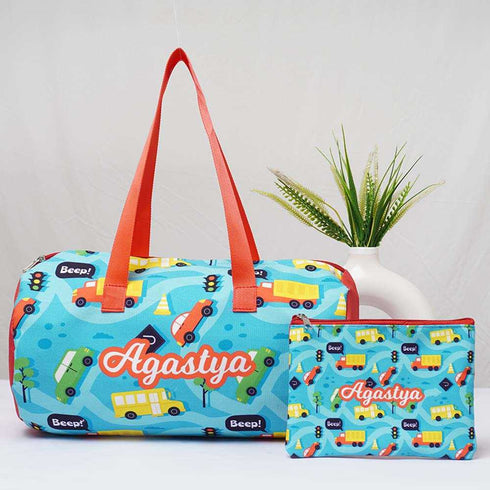 Personalized Cars Printed Kids Duffle Bag & Pouch Gift Combo